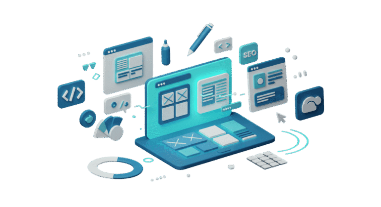 Illustration des pages d'un site vitrine : accueil, services et contact
