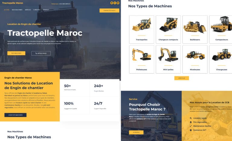 Site vitrine Tractopelle.ma pour la location d'engins de chantier au Maroc