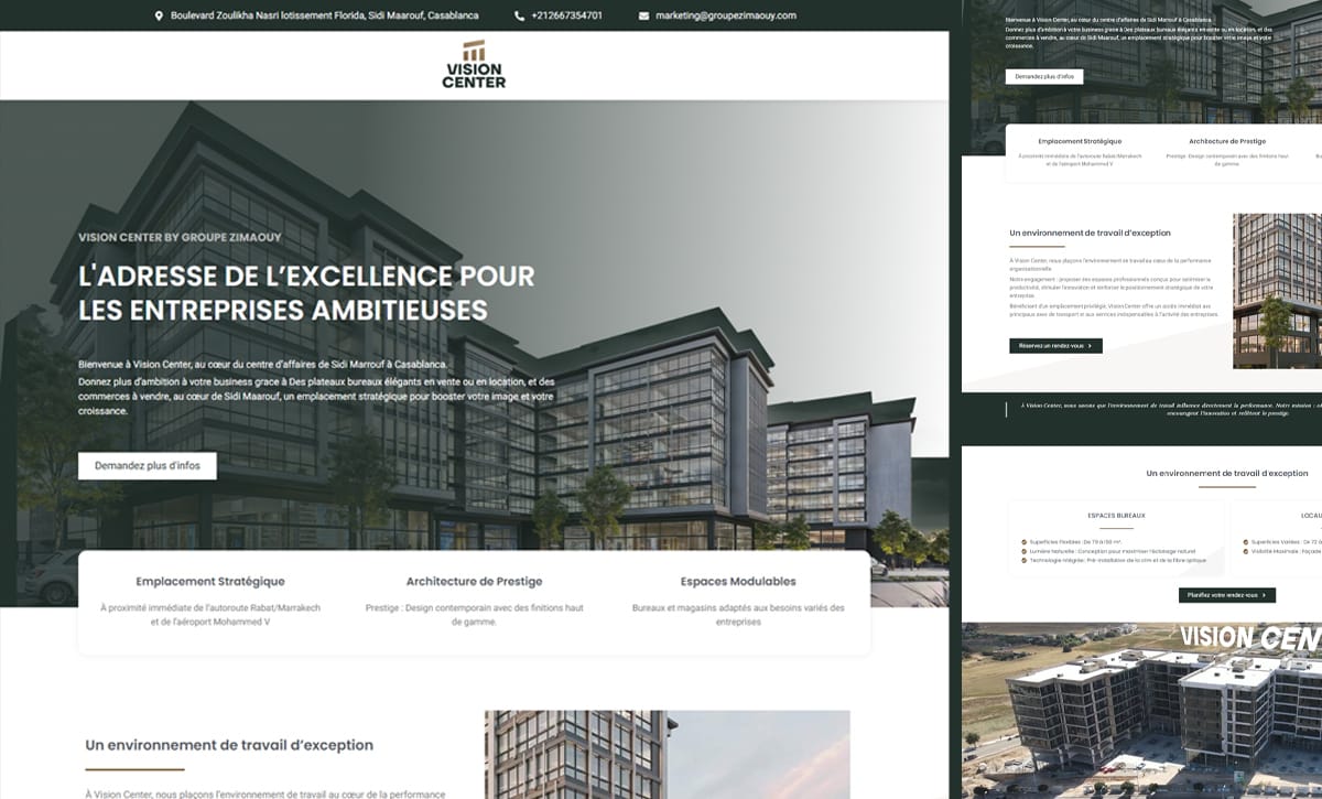 Pages du site Vision Center : accueil avec photo de l'immeuble, présentation des espaces bureaux et des locaux commerciaux, prise de rendez-vous